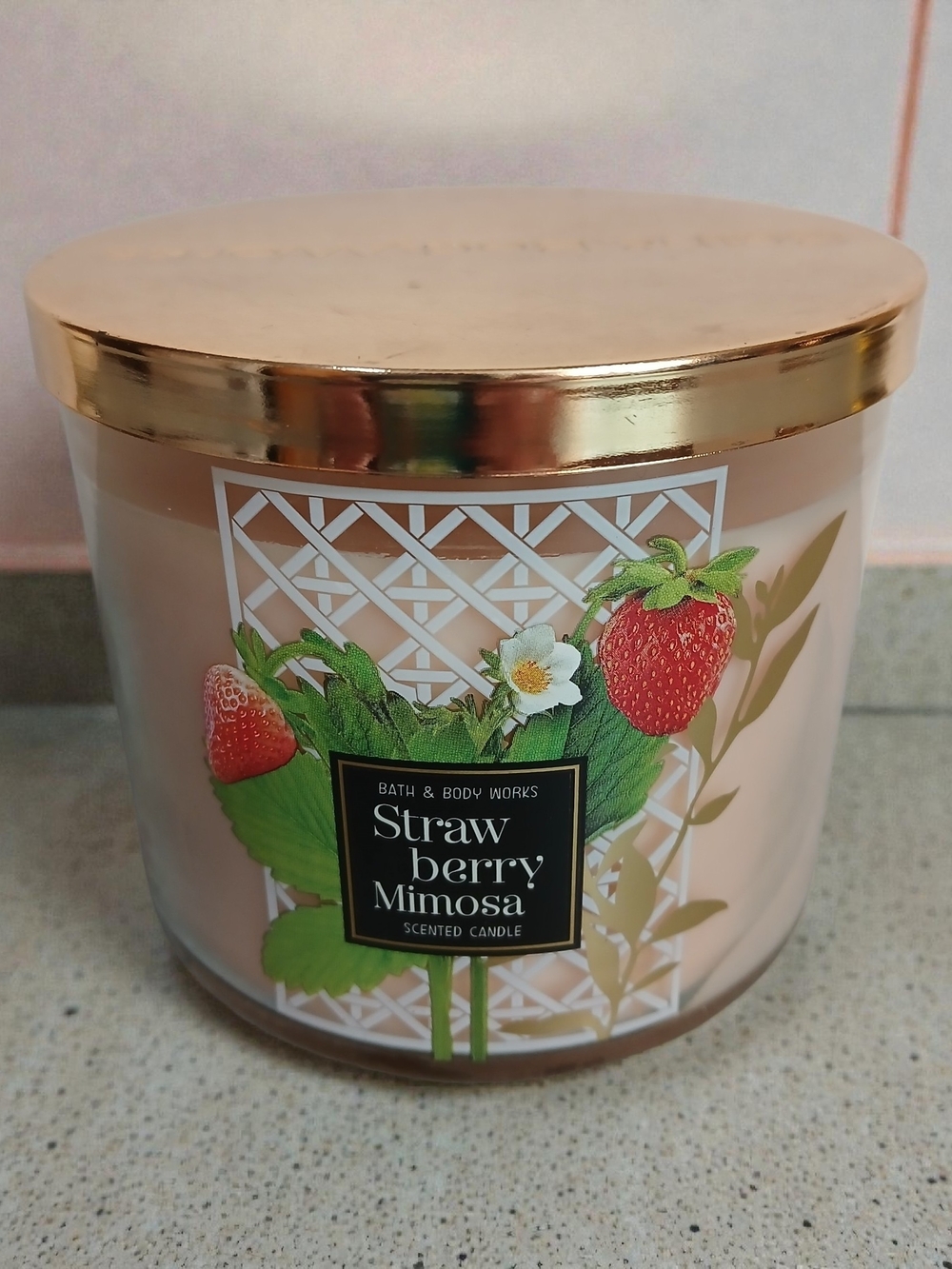 Bath & Body Works Strawberry Mimosa Candle - Pink & Gold